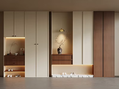 Modern Minimalist Shoe Cabinet With Wooden Panels LED Lighting And Decorative Vase For Organized Storage 3d model