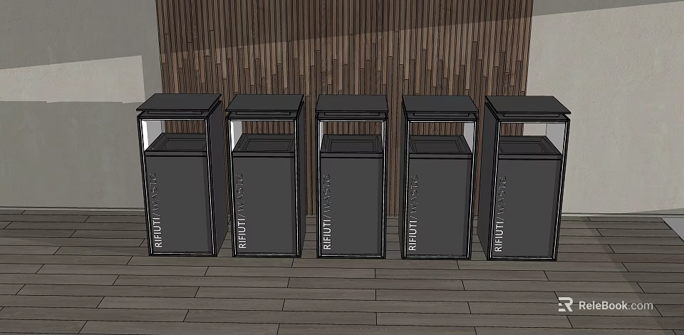Public Facility Five Black Recycle Bins Neatly Arranged On Wooden Floor With Wooden Wall Background 3d model 