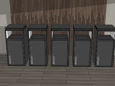 Public Facility Five Black Recycle Bins Neatly Arranged On Wooden Floor With Wooden Wall Background 3d model