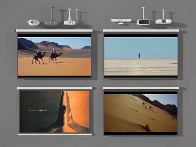 Projection Monitoring System With Four Screens Displaying Desert Camel And Human Activity Scenes 3d model