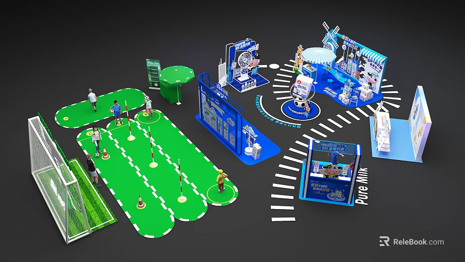 Exhibition Booth Setup With Blue Stalls Green Areas People Figures And Windmill 3d model 