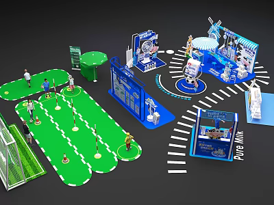 Exhibition Booth Setup With Blue Stalls Green Areas People Figures And Windmill 3d model