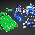 Exhibition Booth Setup With Blue Stalls Green Areas People Figures And Windmill