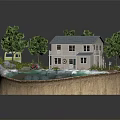 Playful Cartoon Scene With Two Story House Blue Roof Surrounding Trees Water Area And Rocks