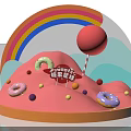 Vibrant Candy Planet Scene With Rainbow Donuts Colorful Candies And Red Pompom Lollipop