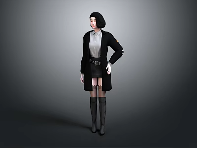 Stylish Game Movie Character In Black Coat White Shirt Short Skirt And Long Socks 3d model