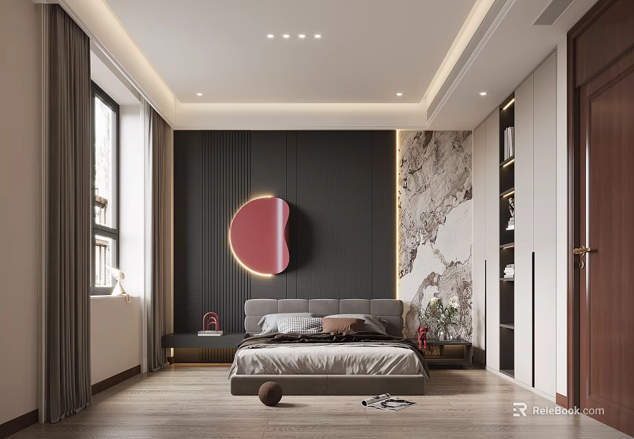 Modern Bedroom Interior With Gray Bed Dark Accent Wall Red Circular Decorative Mirror Marble Mural 3d model 