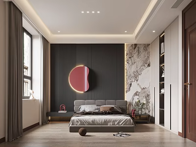Modern Bedroom Interior With Gray Bed Dark Accent Wall Red Circular Decorative Mirror Marble Mural 3d model