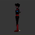 Stylized 3D Character with Black Curly Hair Black Vest Blue Innerwear Red Boots and Stretched Arms
