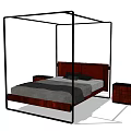 Double Bed With Wooden Headboard Gray Bedding Black Pillows And Nightstands
