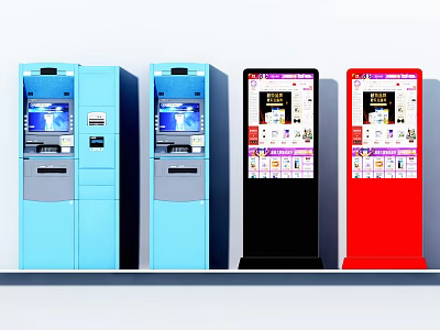 Commercial Self Service Kiosks with Blue Black Red Designs for Payment Services 3d model