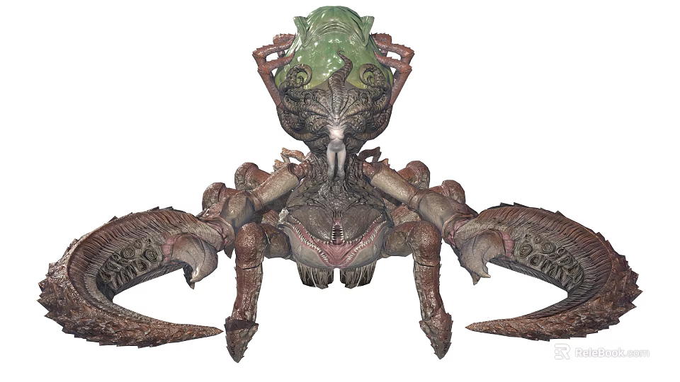 Mythical Game Movie Character With Green Head Large Pincers And Chitinous Body Design 3d model 
