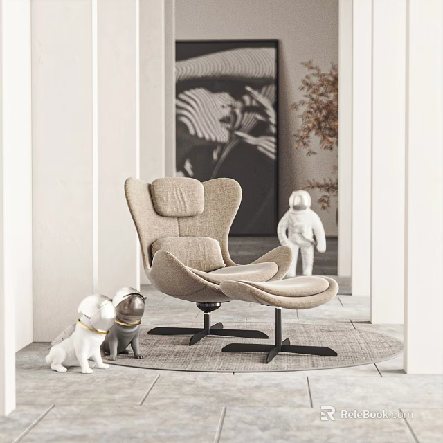 Modern Leisure Chair In Comfortable Design With Decorative Puppy Astronaut Figurines And Artwork 3d model 