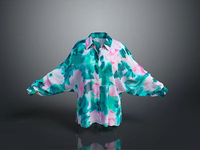 Fashionable Loose Fit Floral Print Shirt with Teal Pink Patterns and Collar Design 3d model