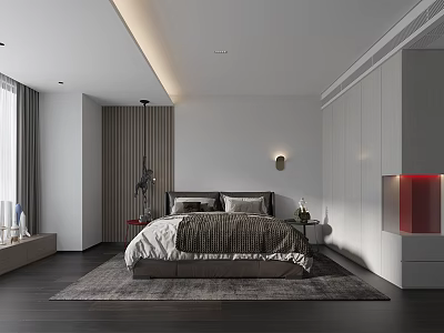 Modern Bedroom Interior Design With Cozy Bed Bedding Soft Rug And Wooden Wardrobe Lighting 3d model