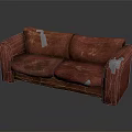 Worn Red Two-Seater Sofa with White Tape Patches on Dark Background