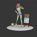 Anime Game Character with Orange Hair Blue Striped Top Blue Shorts by Beach Ball Signboard