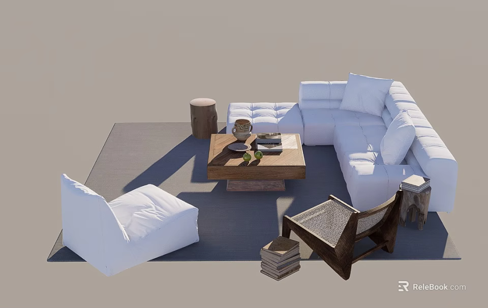 Modern White Sofa And Wooden Coffee Table Set With Accent Chair And Area Rug 3d model 
