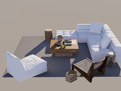 Modern White Sofa And Wooden Coffee Table Set With Accent Chair And Area Rug 3d model