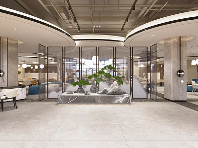 Modern Luxurious Lobby Interior With Marble Decor Glass Partitions And Green Plants 3d model