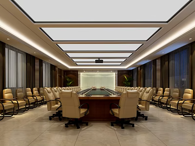 Spacious Modern Conference Room With Long Table Comfortable Chairs And Ceiling Lighting 3d model