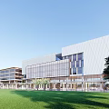 Modern Office Building Exterior With Glass Curtain Walls Trees And Street Vehicles