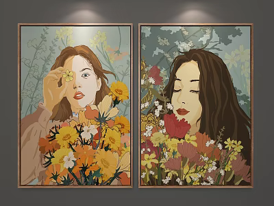Portrait Paintings of Women with Colorful Flowers in Framed Wall Art 3d model