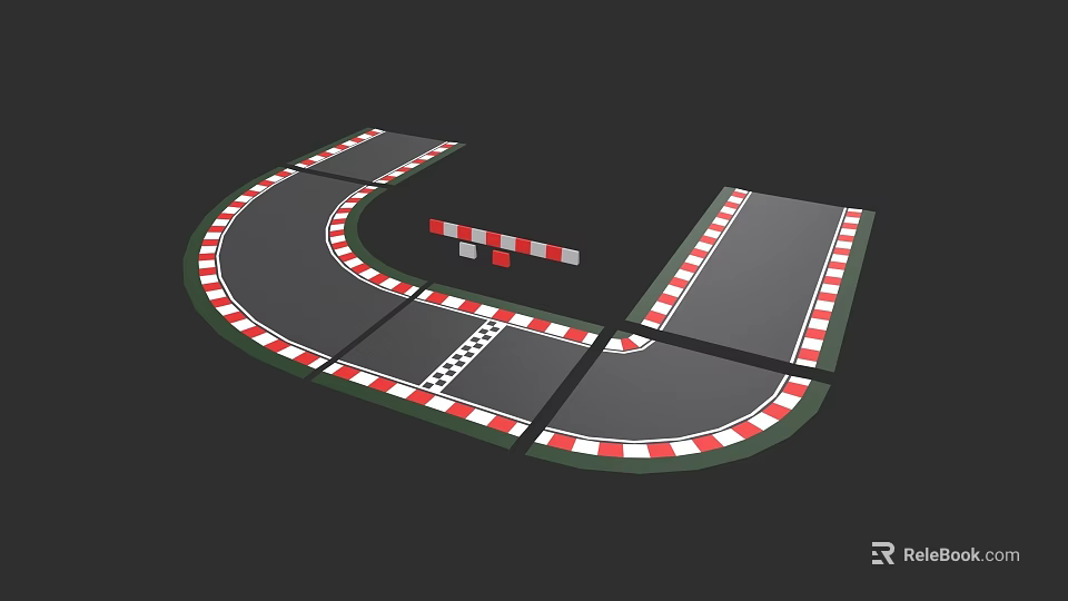 Car Racing U Shaped Track With Red White Barriers And Checker Start Line 3d model 