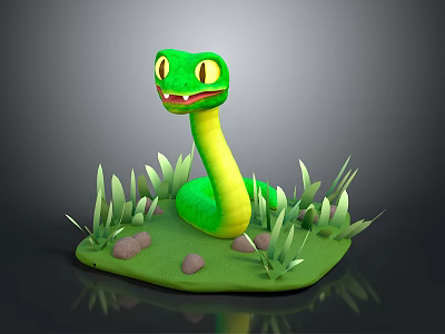 Green Cartoon Snake Character With Smiling Face In Grass And Stones 3d model