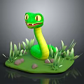 Green Cartoon Snake Character With Smiling Face In Grass And Stones