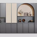 Modern Gray Shoe Cabinet With Multiple Doors And Arch Shaped Open Shelf Decorative Items