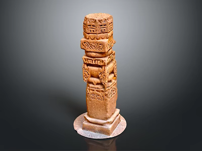 Intricately Carved Stone Pillar with Decorative Layered Design and Ornate Patterns 3d model