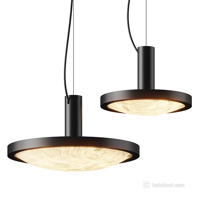 Modern Black Circular Pendant Lights With Textured Shades Hanging From Ceiling 3d model 