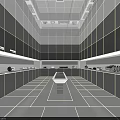 Modern Laboratory Interior With Gray Cabinets Central Workbench Striped Flooring And Ceiling Equipment