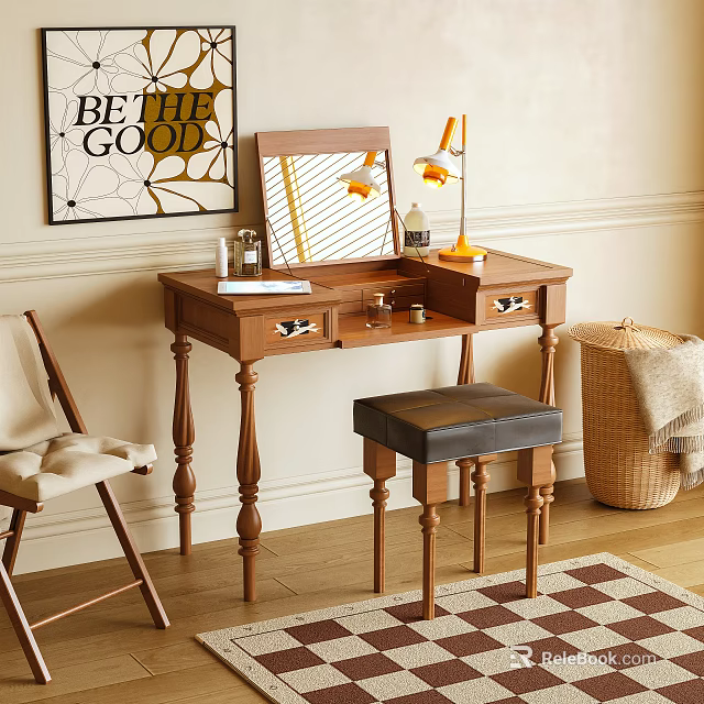 Wooden Vanity With Mirror Lamp Stool And Drawers In Cozy Interior Space 3d model 