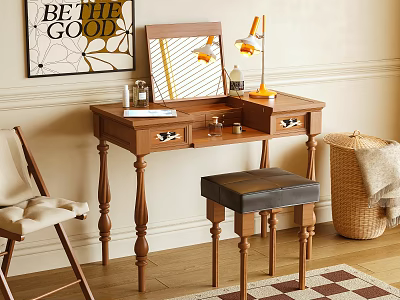 Wooden Vanity With Mirror Lamp Stool And Drawers In Cozy Interior Space 3d model