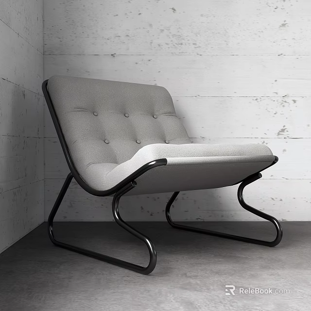 Modern Gray Tufted Single Seater Sofa With Black Metal Frame Against White Wooden Wall 3d model 