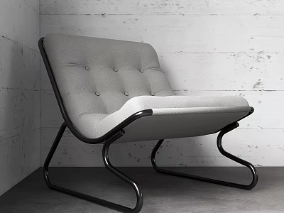 Modern Gray Tufted Single Seater Sofa With Black Metal Frame Against White Wooden Wall 3d model