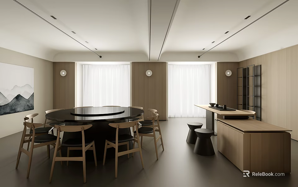 Private Dining Room Featuring Circular Black Table Wooden Chairs Large Windows And Wall Cabinets 3d model 