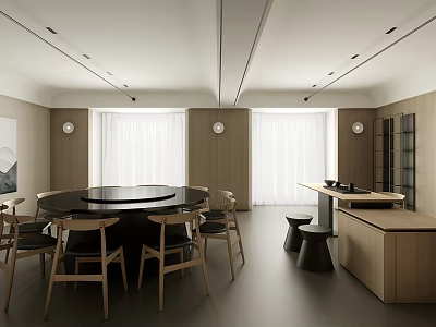 Private Dining Room Featuring Circular Black Table Wooden Chairs Large Windows And Wall Cabinets 3d model