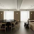 Private Dining Room Featuring Circular Black Table Wooden Chairs Large Windows And Wall Cabinets