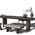 Modern Wooden Tea Table And Chairs Set With Stools And Tea Decorations 3d model