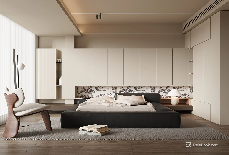 Modern Bedroom Interior Design With Black Bed Patterned Headboard Side Table Lamp And Cabinets 3d model 