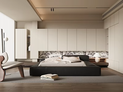 Modern Bedroom Interior Design With Black Bed Patterned Headboard Side Table Lamp And Cabinets 3d model