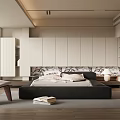 Modern Bedroom Interior Design With Black Bed Patterned Headboard Side Table Lamp And Cabinets