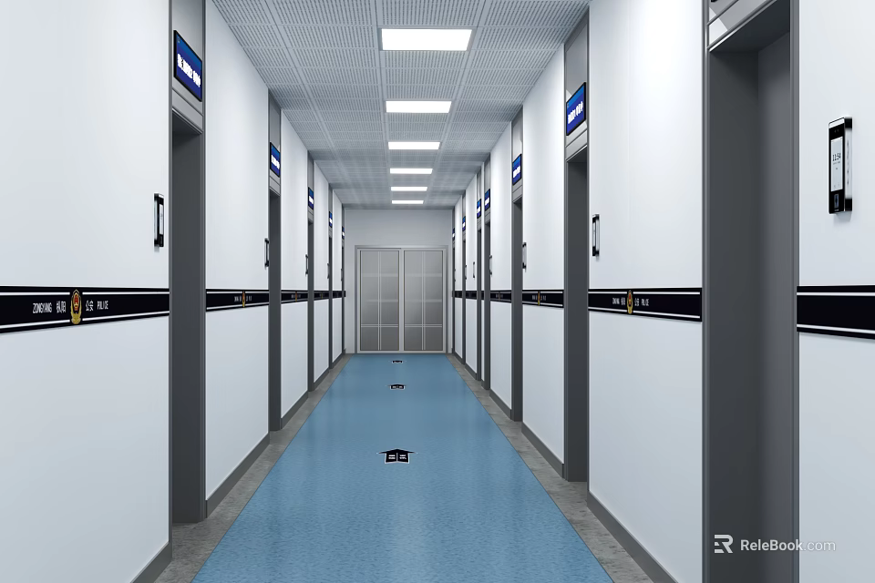 Office Corridor With White Walls Blue Flooring Ceiling Lights And Doors On Both Sides 3d model 