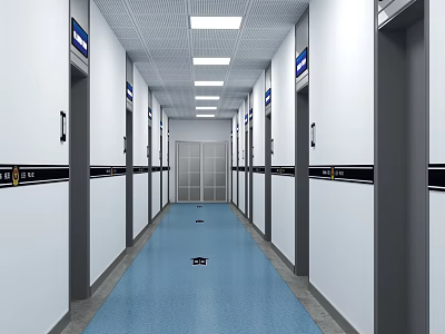 Office Corridor With White Walls Blue Flooring Ceiling Lights And Doors On Both Sides 3d model