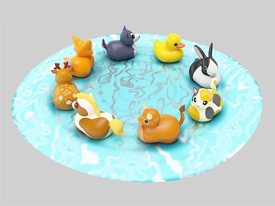 Cute Stuffed Animal Toys Arranged in Circle on Blue Mat with Various Shapes 3d model