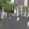 Urban Plaza Landscape With High Rise Buildings Trees Pedestrians And Storefronts