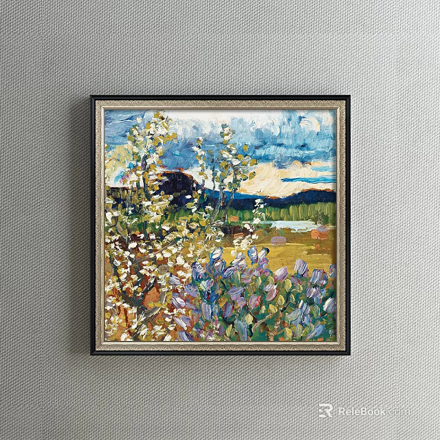 Oil Painting with Blooming White Flowers Purple Blossoms Green Meadow Blue Sky and Distant Mountains 3d model 
